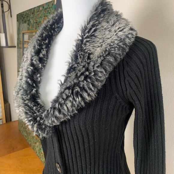 Vintage 90s Y2K Size M Faux Fur Collar Ribbed Kni Cardigan Sweater Black Winter - Picture 3 of 9